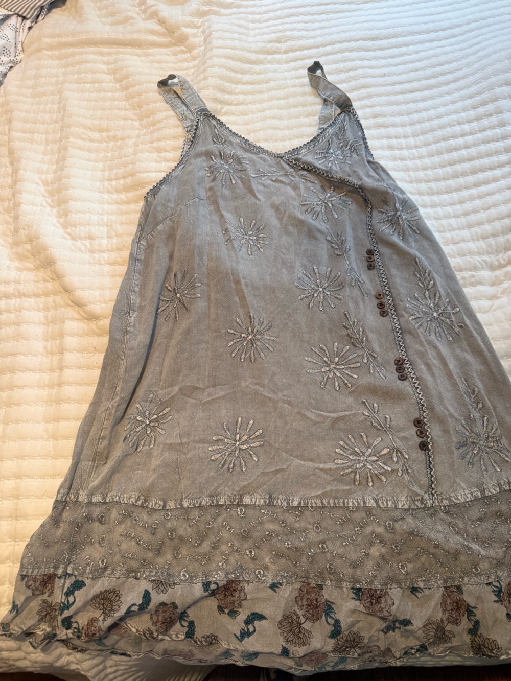 Embroidered Floral Slip Dress in Light Gray